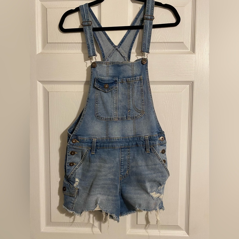 Distressed Denim Overall Shorts